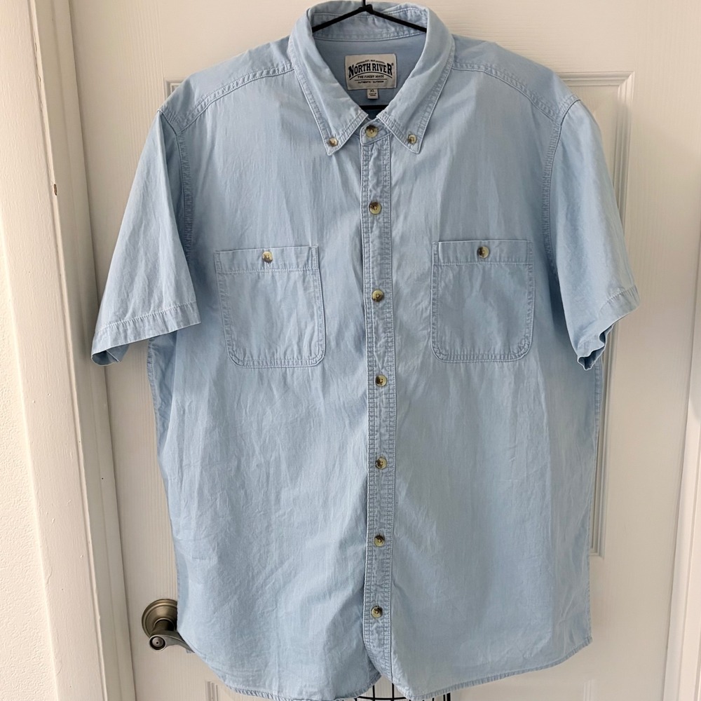 North River Mens XL Light Blue Short Sleeve Button Down Cotton Shirt Relaxed EUC